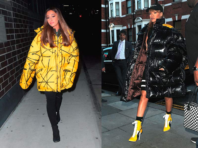 Ariana Grande y Rihanna con un plumífero acolchado oversize, prenda de abrigo básica en sus outfits.