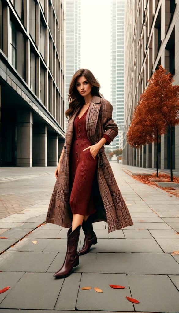  looks de otoño-invierno Gabardina o abrigo de cuadros con vestido de punto