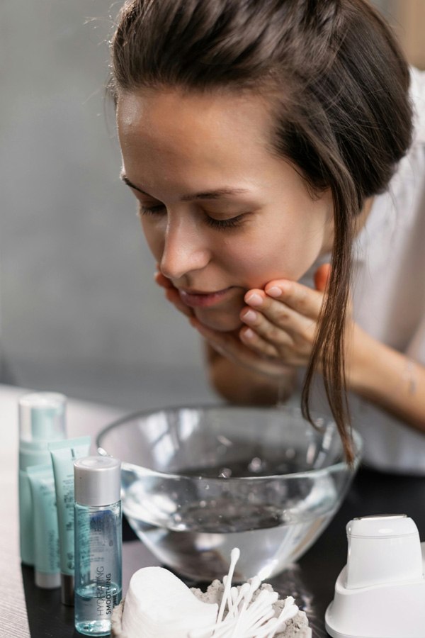 mujer desmaquillándose echándose agua en la cara