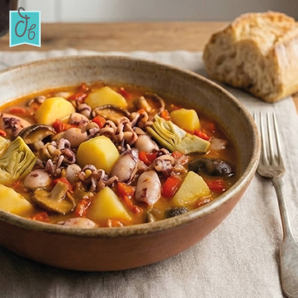 Guiso Mar y Montaña con chipirones, setas y verduras.