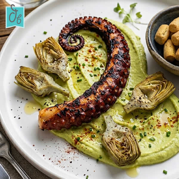Hoy traemos un plato que lo tiene TODO: pulpo doradito + hummus de aguacate cremoso + crujiente irresistible